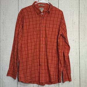 VINTAGE L.L. BEAN Plaid Button-Down Shirt Long Sleeve Wrinkle Resistant Orange L